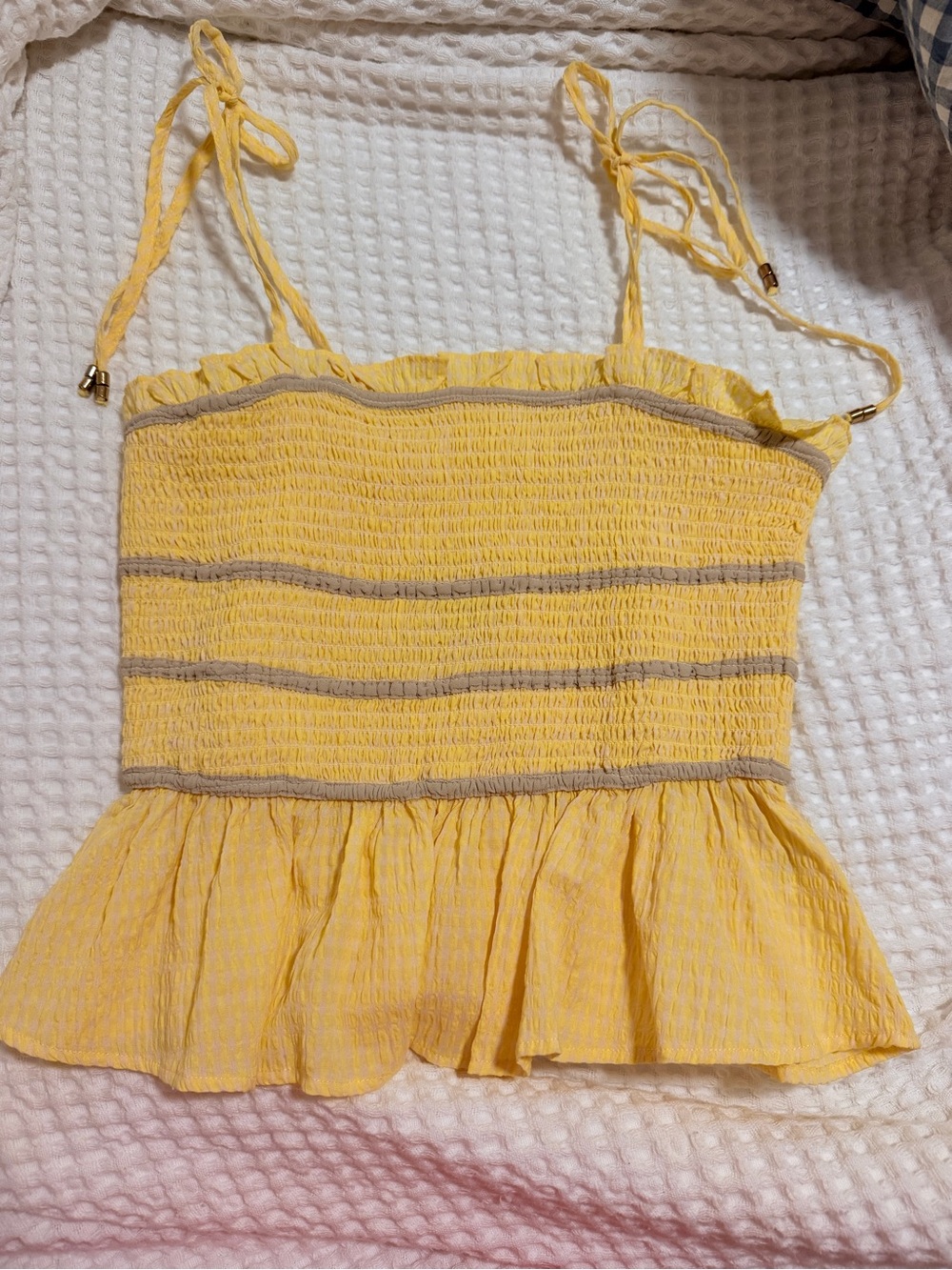 Yellow Smocked Peplum Cami with Tie Straps